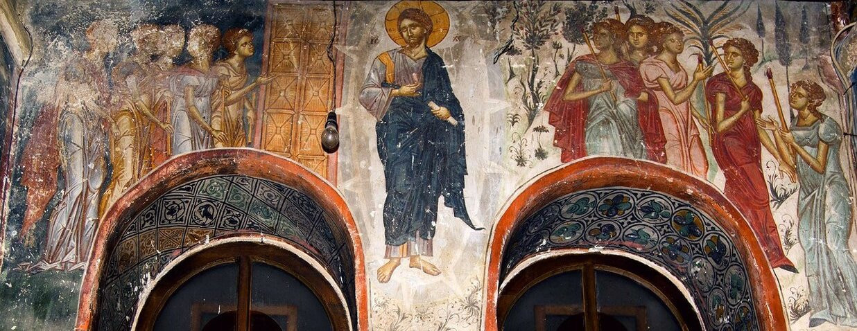 <b>Притча о Десяти Девах –
разумных и неразумных (Мф. 25:1-13). Фресковая композиция в нартексе храма Архангела Михаила Лесновского
монастыря, Македония (росписи 14 в.)</b>