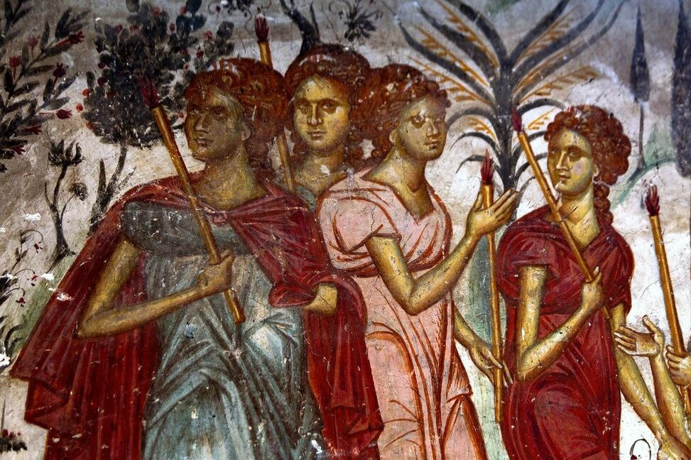 <b>Притча о Десяти Девах – разумных и неразумных (Мф. 25:1-13). Фресковая композиция в нартексе храма Архангела Михаила Лесновского монастыря, Македония (росписи 14 в.)</b>