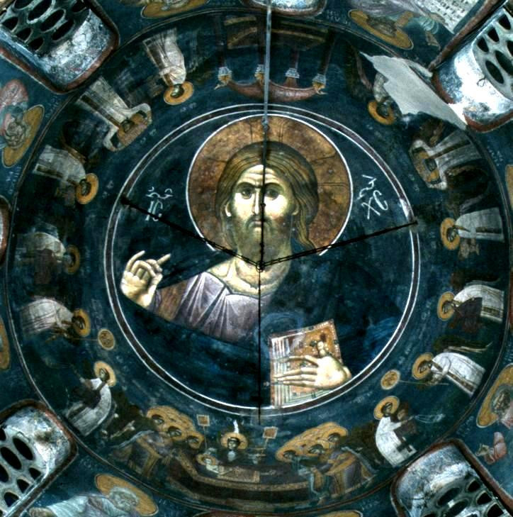 Центральный купол в <b>церкви Успения в Грачанице, Косово, Сербия (роспись 1325 г.),</b>
последняя большая работа Михаила Астрапы. Ангельская процессия – небесная
литургия: перенесение Св. Даров – Тела и Крови Сына Божия – с Жертвенника на
Престол