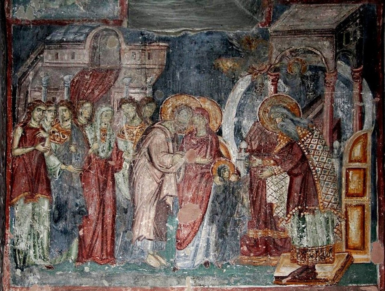 <b>Фреска Введение во Храм. Церковь Ахиллия Ларисского, Арилье, Сербия (роспись
конца 13 в.)</b>