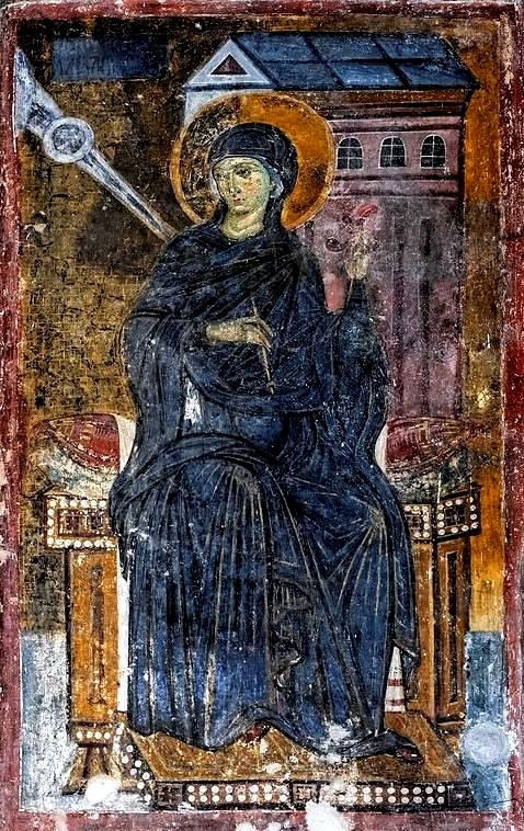 <b>Сербия, Милешева, церковь Вознесения</b>, где
находится знаменитый сербский Белый Ангел; фреска на южном алтарном столпе,
вместе с архангелом Гавриилом на столбе северном составляющая композицию
«Благовещение» (начало 13 в.)