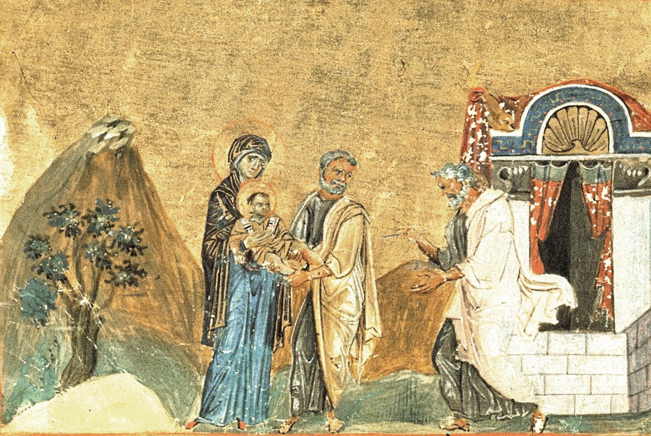<b>Миниатюра в Менологии (Месяцеслове) Василия II, 10 в</b>. Здесь земные родители приносят Младенца Иисуса в Храм, где их встречает Первосвященник. Откуда взялась эта версия? – вообще не понятно и опять же – совсем неправдоподобно.