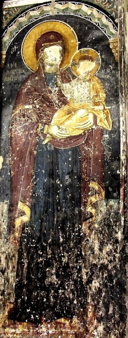 ростовая икона Богородицы Одигитрии с Младенцем на алтарном столбе церкви св. Георгия в Старе Нагоричино, Македония (роспись начала 14 в., художник Михаил Астрапа)
