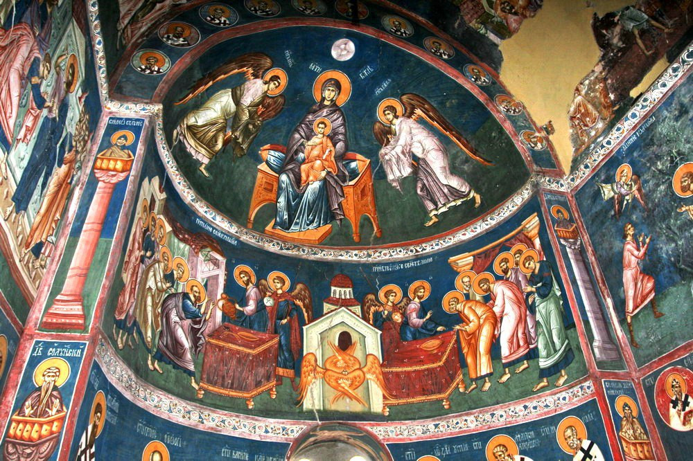 <b>Сербия,
Метохия,</b> <b>Печ
Патриаршая, церковь Богородицы Одигитрии,</b> к<b>омпозиция «Причащение апостолов»
в алтарной апсиде, роспись 14 в.</b>