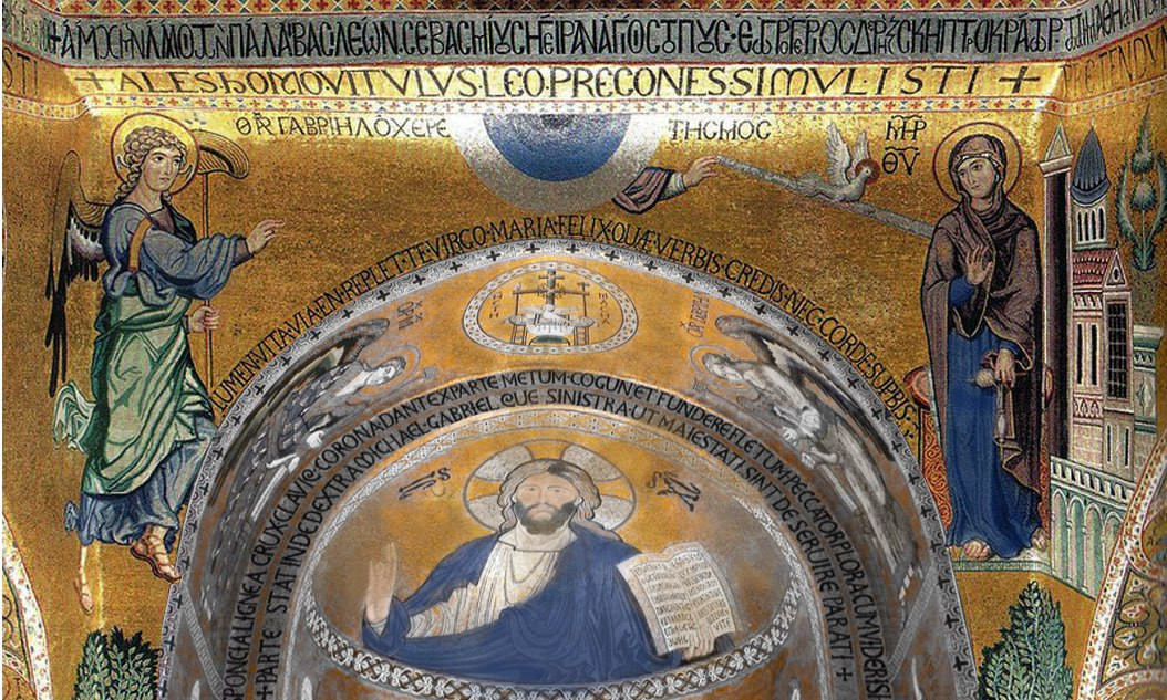 <b>Мозаика Палатинской капеллы в Сицилии. </b><b>«Благовещение» на арке алтарной стены.</b>