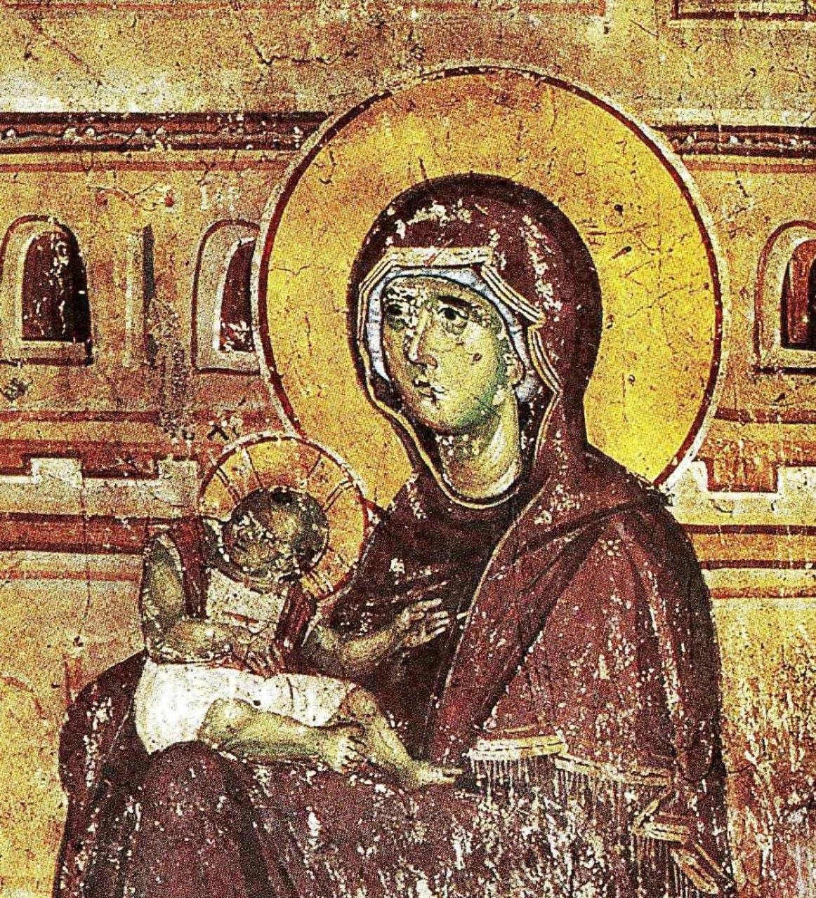 <b>Сретение в соборе Протата на Афоне (фрагмент), 14 в. Автор – знаменитый византийский художник Мануил Панселин. </b>