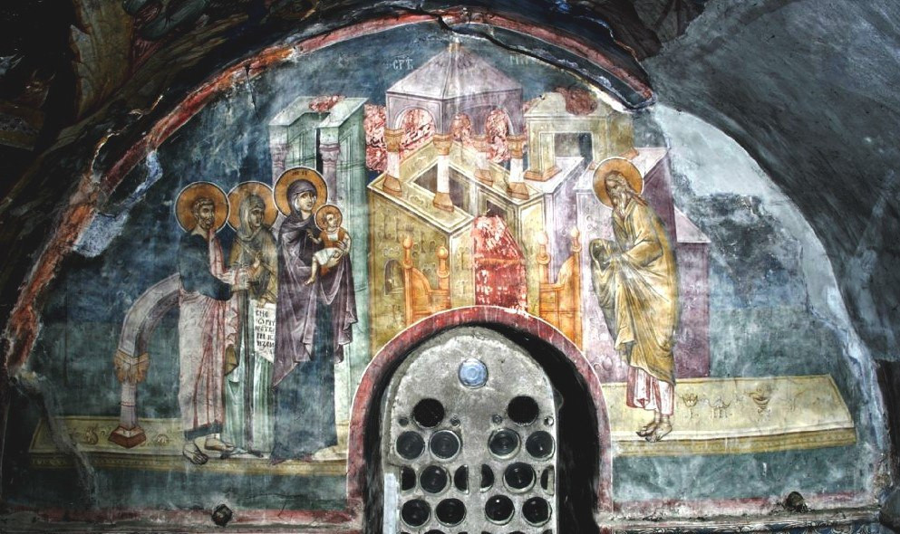 <b>Фресковая композиция «Сретение» в церкви Богородицы Одигитрии в Пече (Сербская Патриархия, Метохия, роспись около 1336 г.)</b>