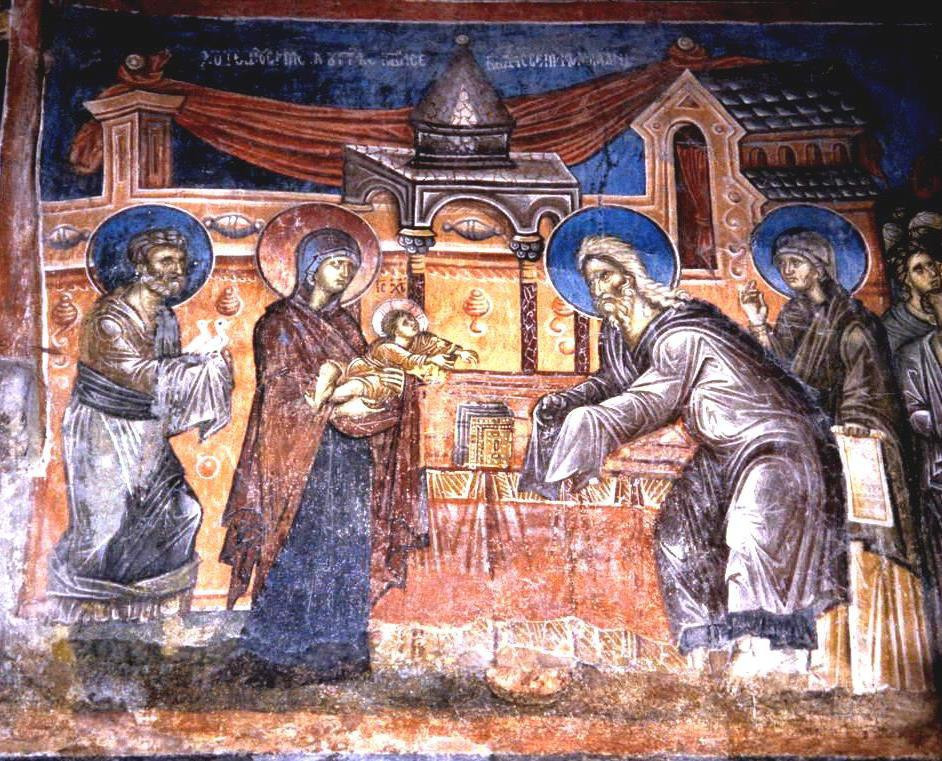 <b>Храм
св. Димитрия Маркова монастыря, Македония, роспись 1366-71 гг. Композиция
Сретения в Акафистном цикле, идущем кольцом по периметру всех четырех стен
храма.</b>