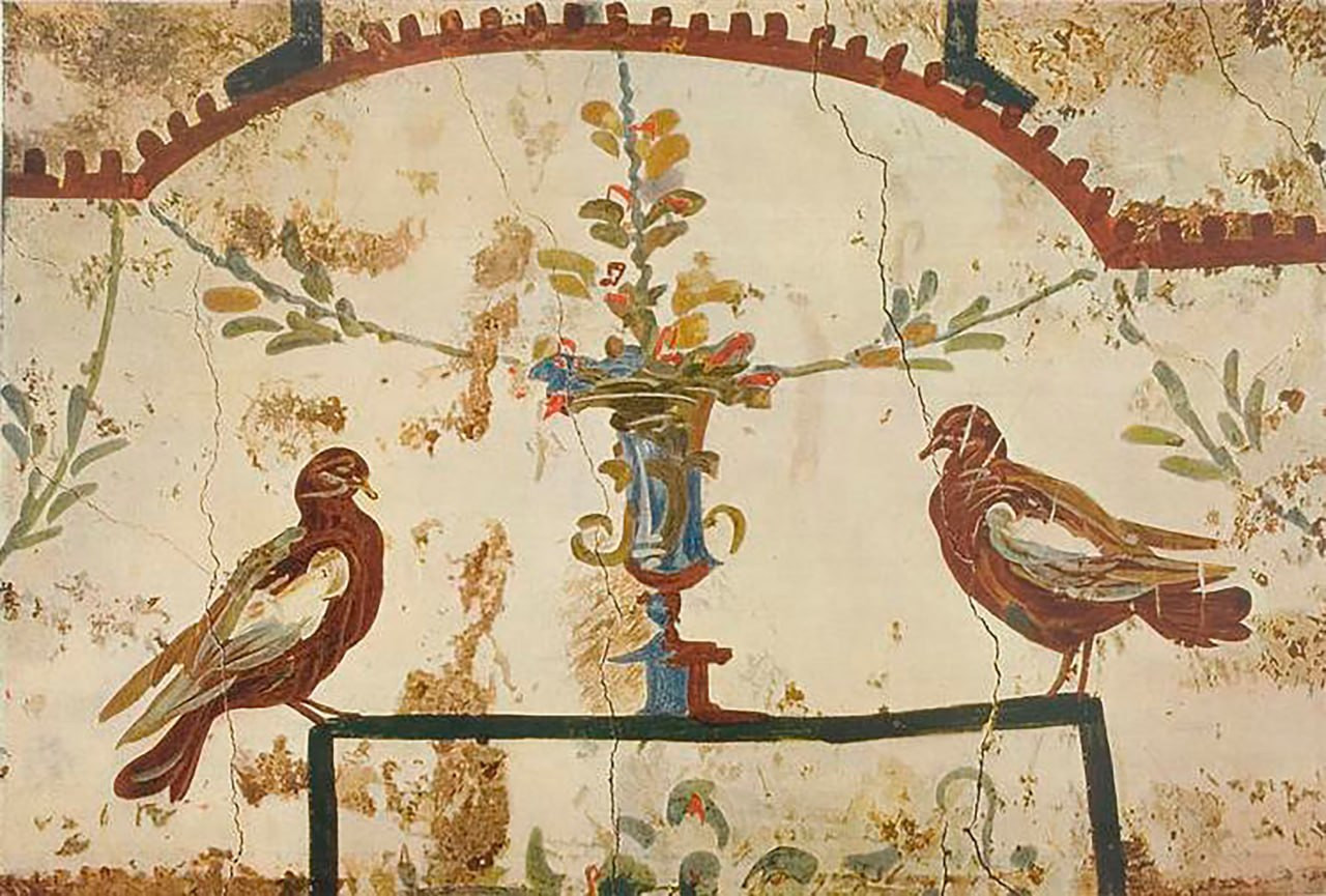 Голуби у сосуда с тремя ветвями в катакомбах Претекстата