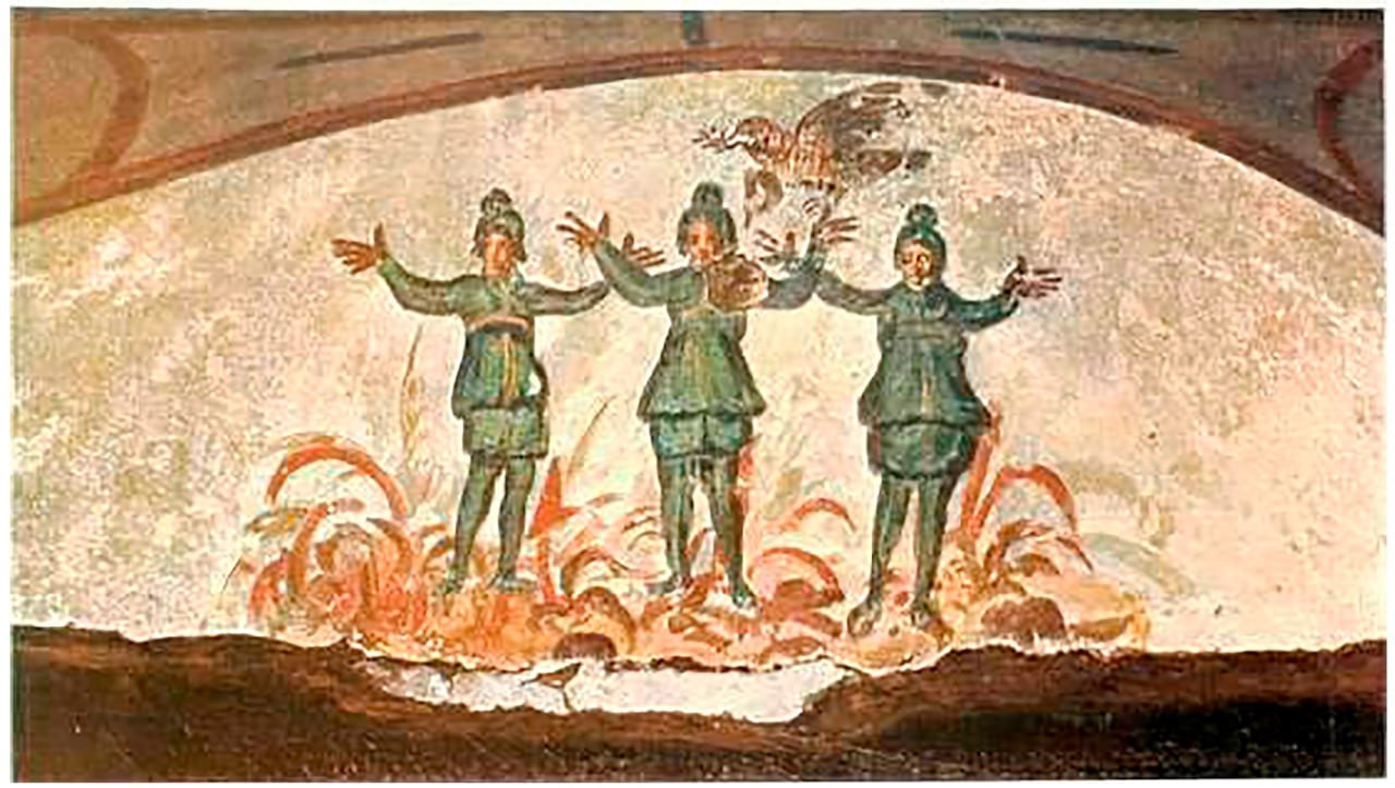 <b>Три отрока в печи огненной.</b> <b>Катакомбы Присциллы, 2 пол. 3 в.</b>