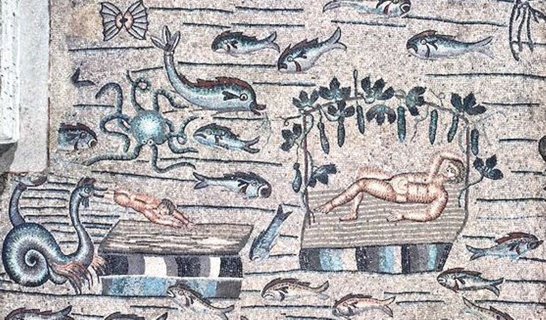 Иона спасается из пасти Левиафана и отдыхает под
сенью символического райского сада.