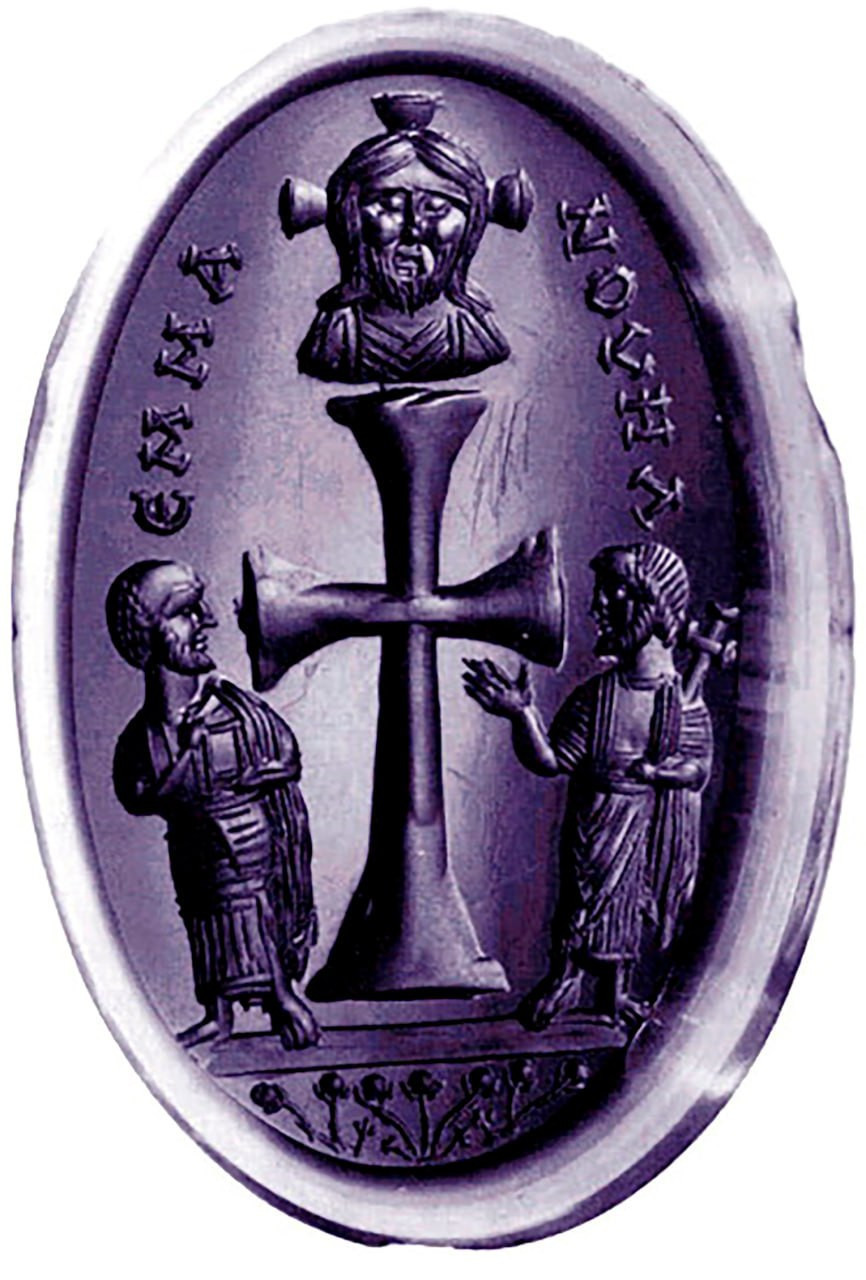 Святые Петр и Павел стоят у подножия большого креста, над которым находится бюст Христа. Греческая надпись — это эпитет Иисуса, «Эммануил». Вена, Художественно-исторический музей.