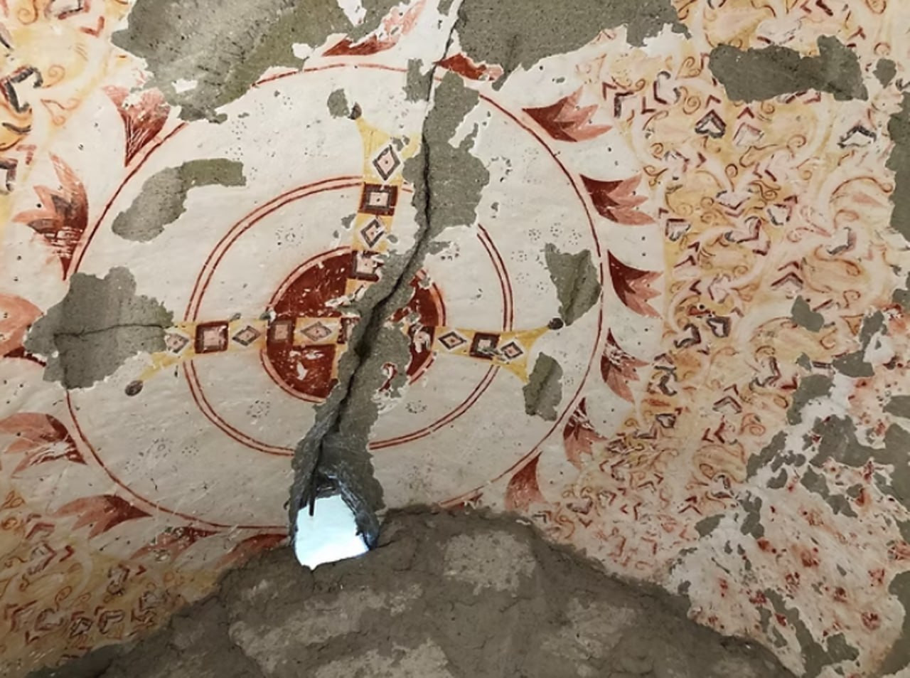 <b>Изображение креста в небесных сферах</b>, из
коих вырываются языки пламени, интерпретируется как образ Христа во
славе.<b> Церковь «Каршибучак», </b><b>8 - начала 10 вв.</b>