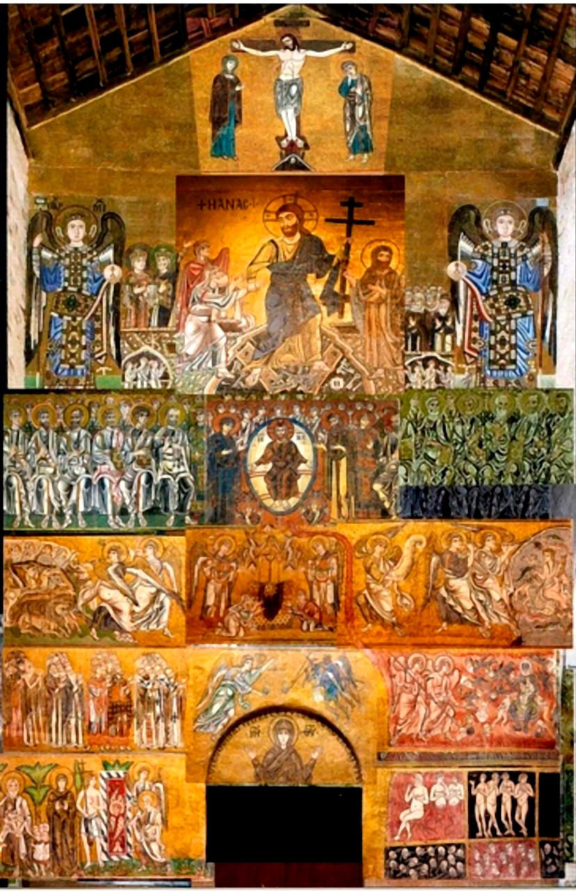 <b>Общий вид западной стены. Мозаичная композиция
«Страшный Суд» на западной стене, 11-12 вв.</b>